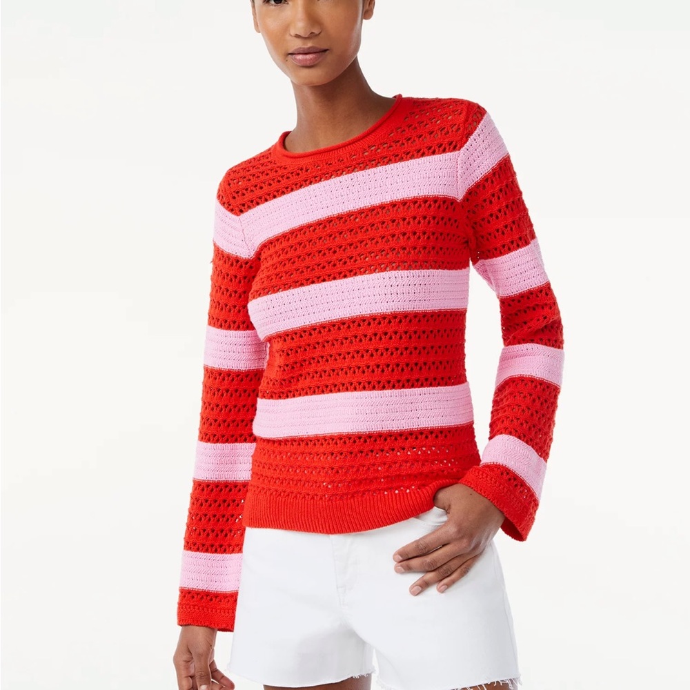 Scoop striped crochet sweater pink red size XL NWT